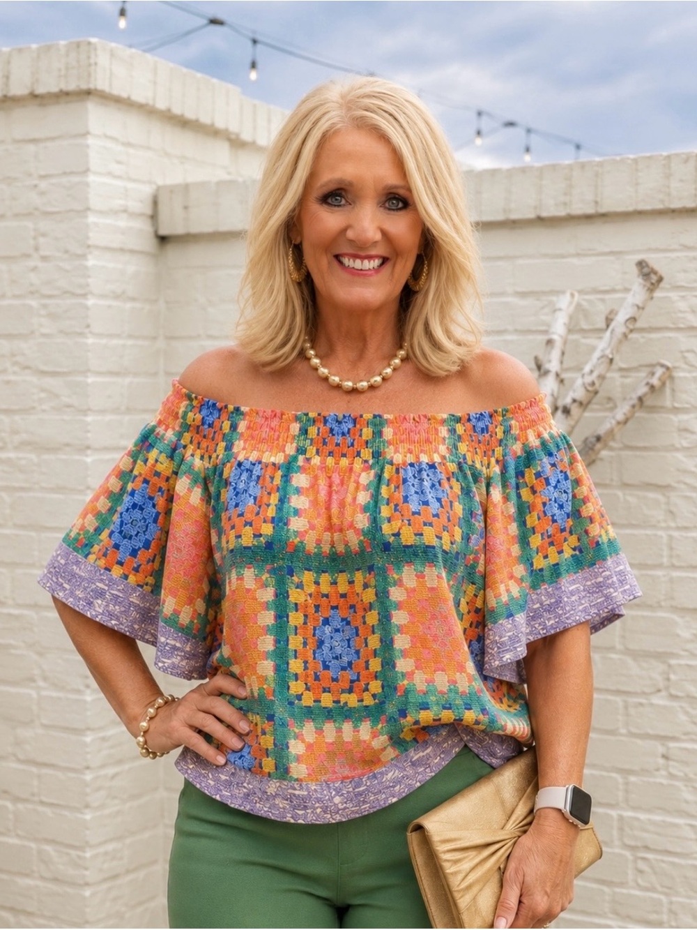 Flying Tomato Multicolor Crochet-Print Off-Shoulder Top - Orange Multi Small NWT